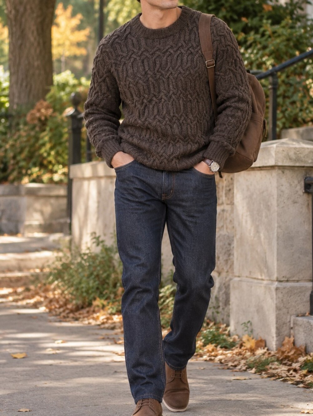 J.Crew Men’s 100% Wool Brown Chunky Cable Knit Crewneck Sweater Casual Travel